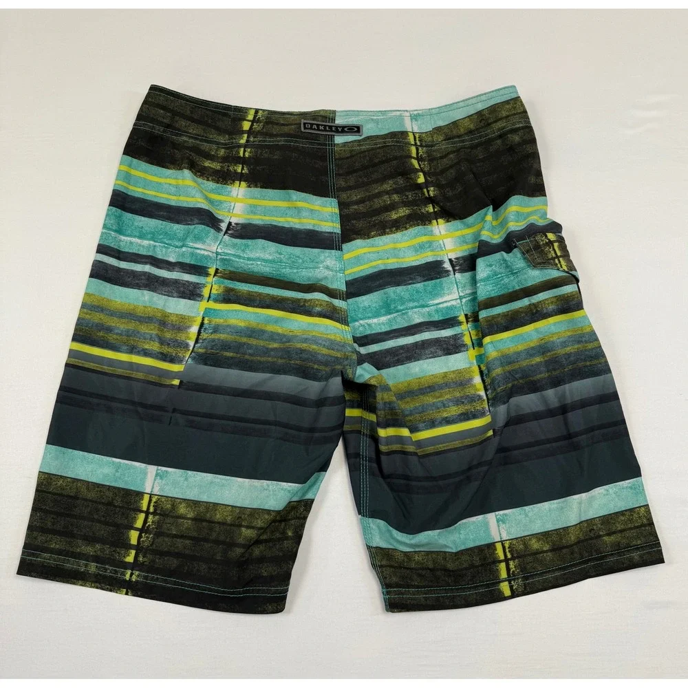 Oakley Men's Striped Board Shorts Black Teal Neon Yellow‎ Size 36